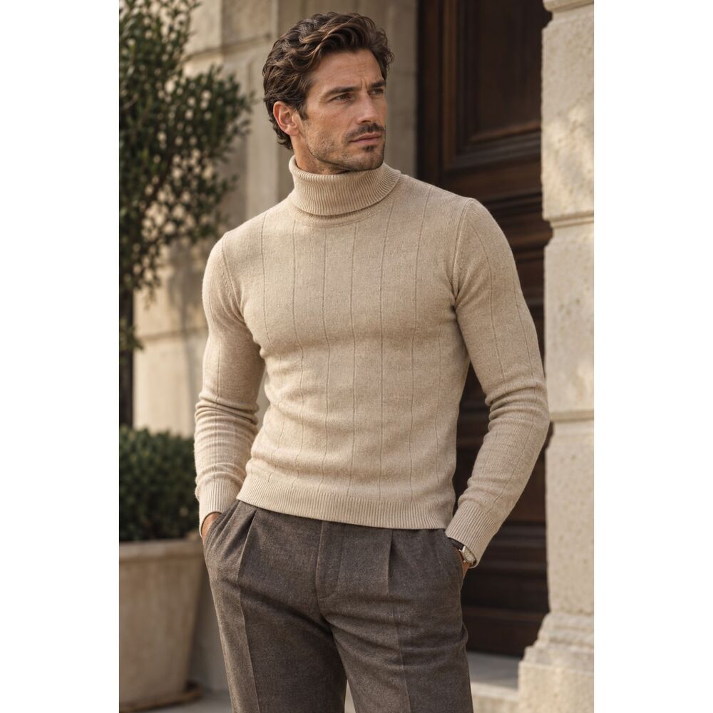 Bottega del Sarto Cotton Cashmere Turtleneck Sweater L XL Beige Italian Style